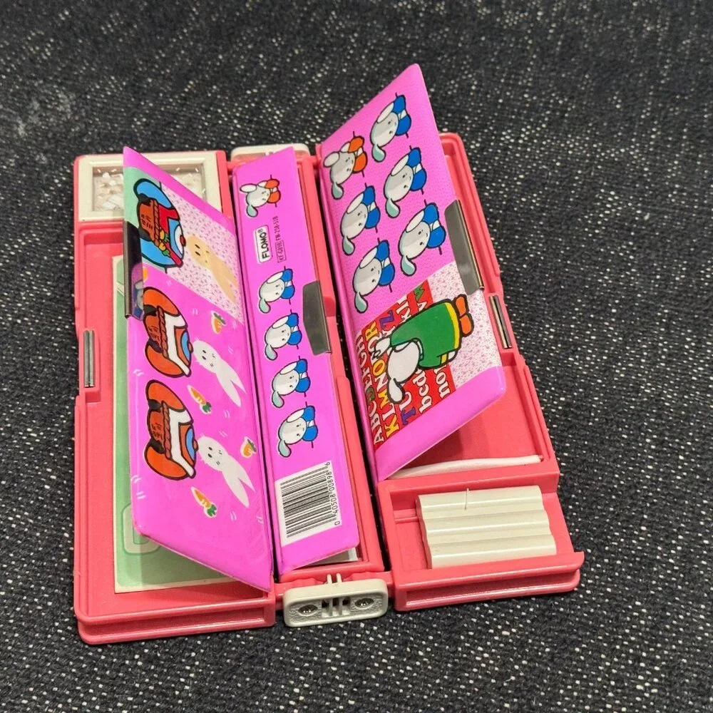 Flomo® Pencil Case, Double-Sided Multi-Compartment, Pink Bunny, Vintage 1980s